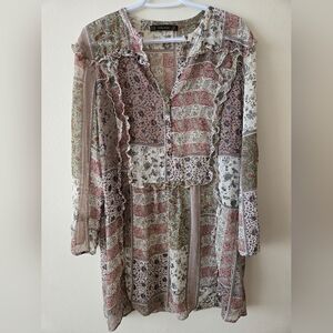 Zara XL Green, Blue And Red Patchwork Tunic Style Blouse With Gold Cube Buttons